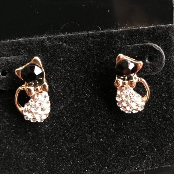 Rhinestone & Gold Tone Kitty Cat Pierce Earrings - Picture 1 of 6